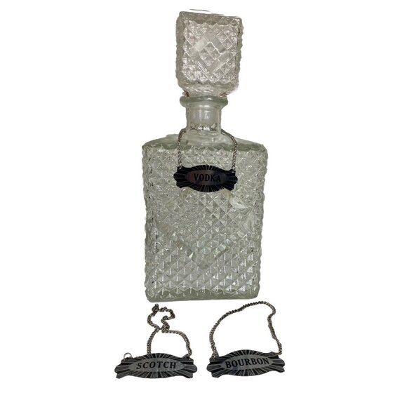 Vtg Rectangular Diamond Cut Glass Liquor Decanter with Stopper Hanging Sign - Picture 1 of 16